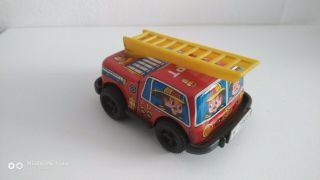 Red Bus Fire Truck Tin Toy Car Japan Vintage Wind - Up 1970 