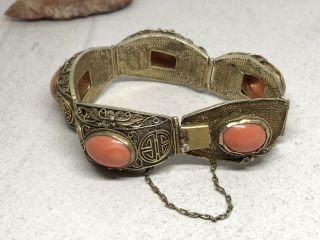 Antique Chinese Export Gilt Silver Filigree Coral 7” Bracelet (for Repair Parts)