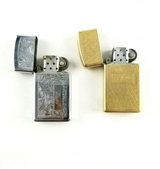2 Vintage Zippo Lighters 1992 Chrome Engraved Duke And Brass Initials Tap