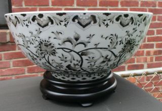 Vtg Large Porcelain Chinese? Black And White Bowl With Stand
