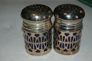 Vintage Silver Plated Blue Glass Salt And Pepper Shakers Set