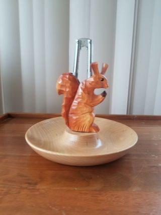 Vintage Carved Wood Squirrel Dish And Nut Cracker Holder