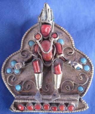 Coral & Turquoise Tibet Figure Brooch Pin Gold Tone Colorful Vintage Nepal 1.  75 "