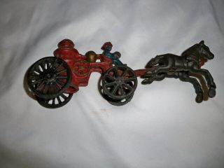 Vintage Cast Iron Fireman Toy Horse Drawn Fire Engine Truck Carriage Wagon