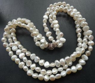 Vintage 3 Strand Real Pearl Bead Necklace 925 Silver Push Clasp - Q47