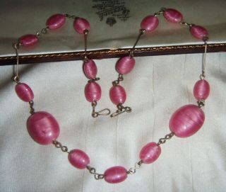 Vintage Art Deco Rose Pink Satin Glass Grad Beads Rolled Gold Necklace