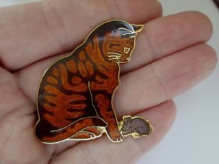 Vintage Signed Fish Cloisonne Enamel Gold Tabby Cat & Mouse Animal Brooch Pin