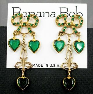Banana Bob Vtg Green Crystal Rhinestone Bow Dangle Heart Gold Ox Earrings P