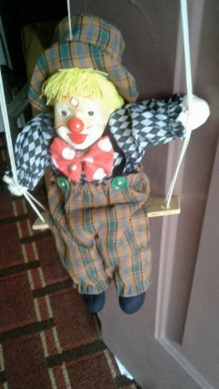 Vintage Porcelain Clown Sitting On Wooden Swing Puppet,  Po