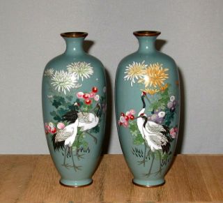 Rare Fine Pair Meiji Period Japanese Silver Wire Cloisonne Enamel Vases - Signed