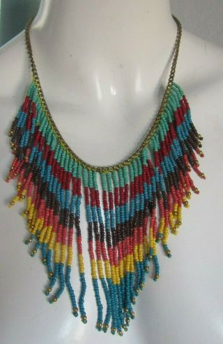 Zad Fringe Necklace Multi - Color Seed Beads 18 " Lobster Claw Vintage A133