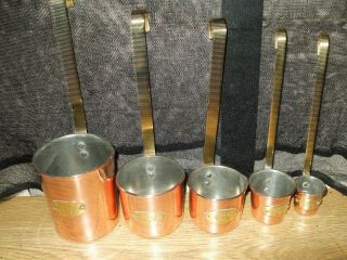 Vintage French Copper Brass Measuring Ladles Brass Handle Tin Lined Pouring Lips