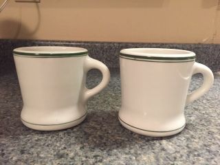 2 Vintage Green Stripe Coffee Cup Mug Restaurant Ware Heavy Porcelain Unmarked