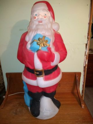 Vintage " Empire " Santa Lighted Blow Mold With Blue Present - Yard Decor.  /nice