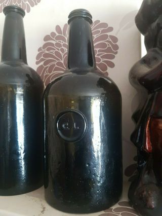 Antique Heavy Black Glass Seal Wine Bottle 1790 - 1810c Initials C.  L Cellar Found