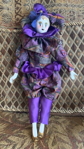 Vintage Harlequin Jester Doll Purple Clothing,  Porcelain Head,  Hands & Feet 17”