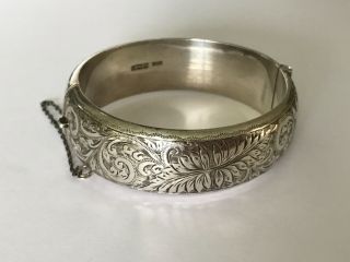 Vintage Silver Engraved Ferns Bangle Bracelet.  Width 3/4”.  29 Gr.  Maker L & Co