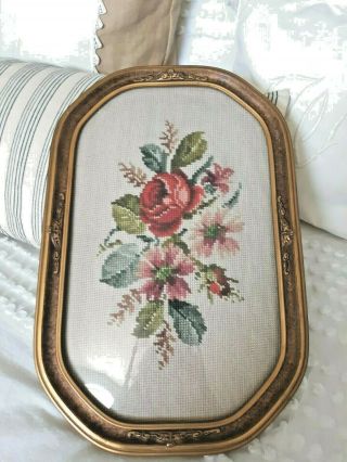 Antique Oval Framed Needlepoint Rose Picture,  Victorian,  Shabby,  Antique