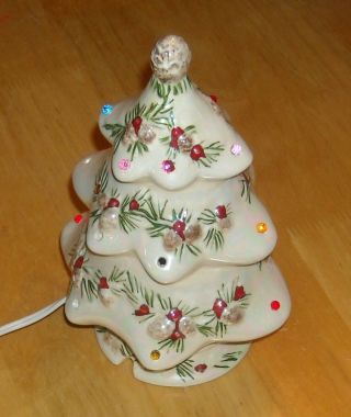 Vintage 9 " Ceramic Christmas Tree Mother Of Pearl White Glaze Multicolor Lights