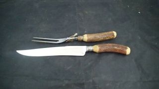 Vintage Englishtown Cutlery England Carving Set Stag Handles Knife Fork