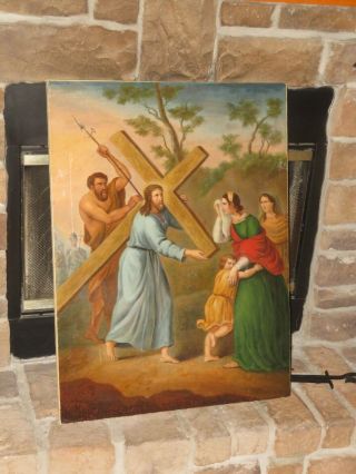 Religious Painting Old Master 19th Century Christ Carrying Cross Antique
