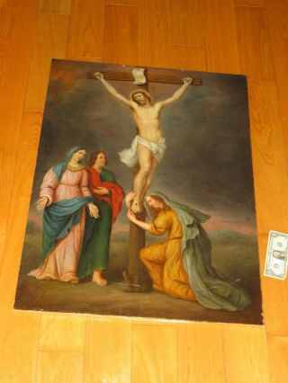 Religious Painting Old Master 19th Century Crucifix Antique