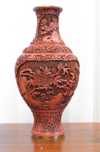 Vintage Chinese Cinnabar Vase Large 16 Inches 