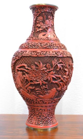 Vintage Chinese Cinnabar Vase LARGE 16 INCHES  2