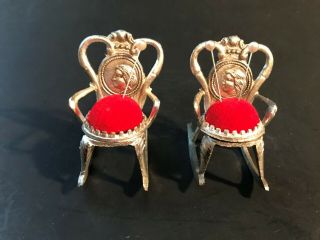 (2) Vintage Pin Cushion Victorian Rocking Chair - Silver Metal With Red Cushion