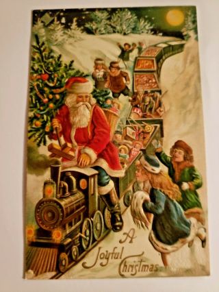 Vintage German Santa Postcard Santa Sitting On Train Full Of Toys