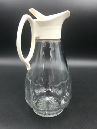 Vintage Log Cabin 18 Oz Glass Syrup Pitcher W/ White Plastic Dispenser Top
