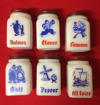 Set Of 6 Vintage Dutch Dove White Milk Glass Spice Jars With Metal Shaker Lids