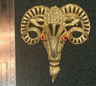 Vintage Florenza Pin Art Deco Ram Head Brooch Brushed Gold Finish