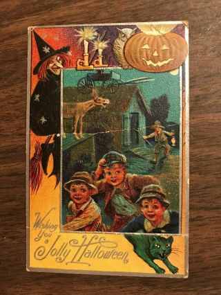Vintage Jolly Halloween 1914 Embossed Postcard Greeting Card Witch Black Cat