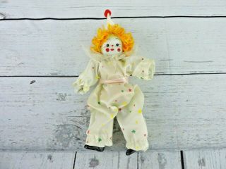 Vintage Poseable Porcelain Clown Doll Small 6 " Yellow Hair Primary Colors Creepy