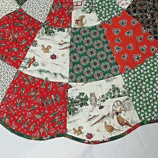 Vintage Christmas Quilted Tree Skirt Handmade Santa Cardinals Poinsettias 3