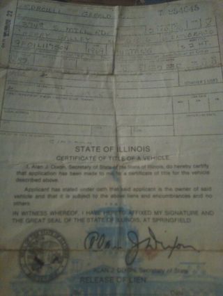 Vtg Car Title Illinois 1969 Ford Mustang 2 Dr Hardtop Historical Document