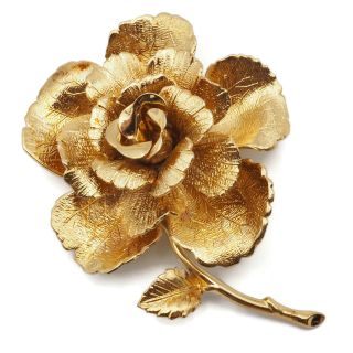 Vintage Designer Signed Monet Gold Tone Rose Flower Chunky Fashion Brooch Pin