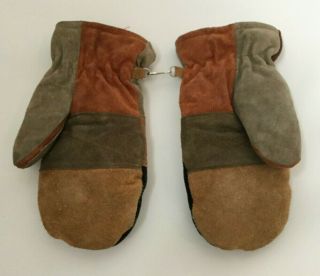 Vtg Dorson Sports Ski Mitts Mittens Patchwork Brown Suede Leather Down Lining