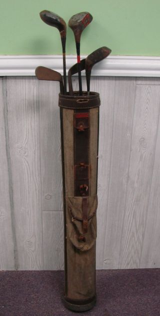 5 Antique Wood Golf Clubs Mashie Everett Braisse Leather Stove Pipe Par Bag