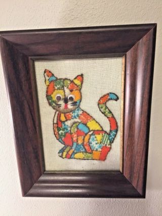 Vintage Cat Kitten Needlepoint Crewel Embroidery Tapestry Finished Framed Animal