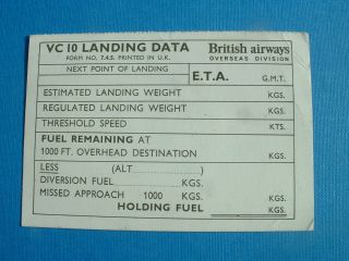 1970s British Airways Vc10 Crew Landing Data Card