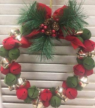 Vintage 10 " Red Green Flocked & Silver Jingle Bell Wreath With Ribbon & Greens