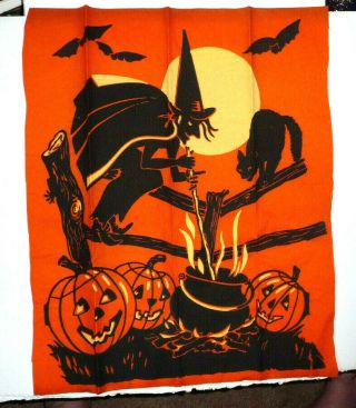 Vintage Halloween Crepe Section With Witch Stirring Cauldron As Cat Looks On
