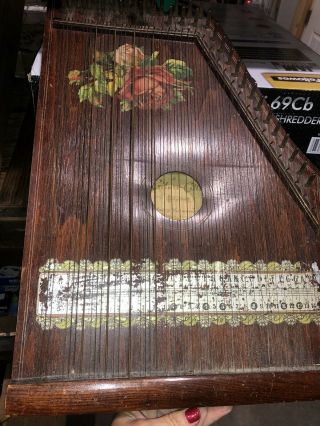 Antique Vintage German Concert Harp Zither Hand Painted With Rose Pattern Seepic