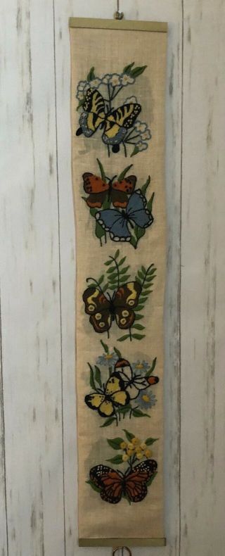 Vintage Linen Butterfly Hand Cross Stitch Embroidered Bell Pull Wall Hanging
