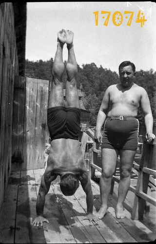 Vintage Negative Strong And Fat Boys In Swimsuit,  Handstanding,  Funny 1930 