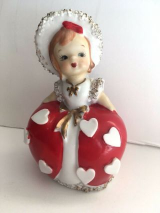 Vintage Lefton ? Valentines Girl Figurine Bell Hearts Spaghetti Trim