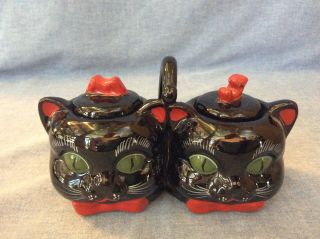 Vintage Shafford Japan Ceramic Double Black Cat Jam Pot With Spoons