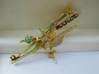 Vintage Kirks Folly Enamel Rhinestone Bullrush Dragonfly Fairy Frog Brooch Pin
